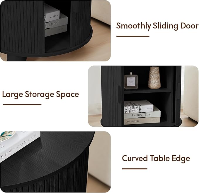 24" Large Fluted Round End Table with Charging Station, Farmhouse Cricle Sofa Side Table with Sliding Door and Storage, Rustic Curved Wood Nightstand for Living Room, Bedroom,Black