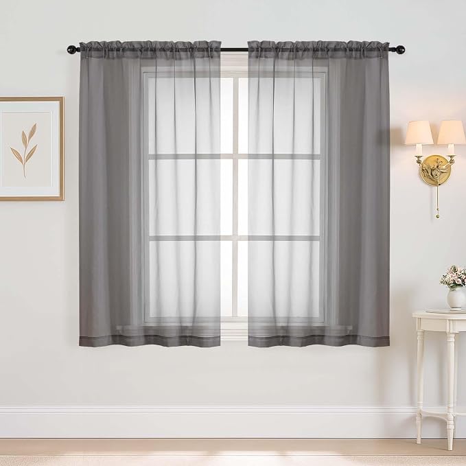 Grey Window Sheer Curtains 45 Inches Length, Voile Short Curtains by Home
