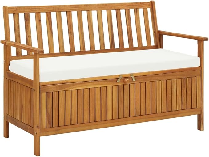 vidaXL Solid Acacia Wood Outdoor Storage Bench with Backrest, Armrests, and Cushion - 47.2"x24.8"x33.1" Rustic Patio Furniture with Large Storage Compartment
