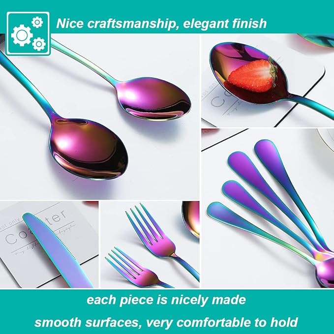 40 Pcs Rainbow Silverware Set for 8, Food Grade Stainless Steel Flatware Set, Eating Utensils Sets Include Fork/Knife/Spoon,Home Kitchen Tableware Set, Reusable Cutlery Set, Dishwasher Safe