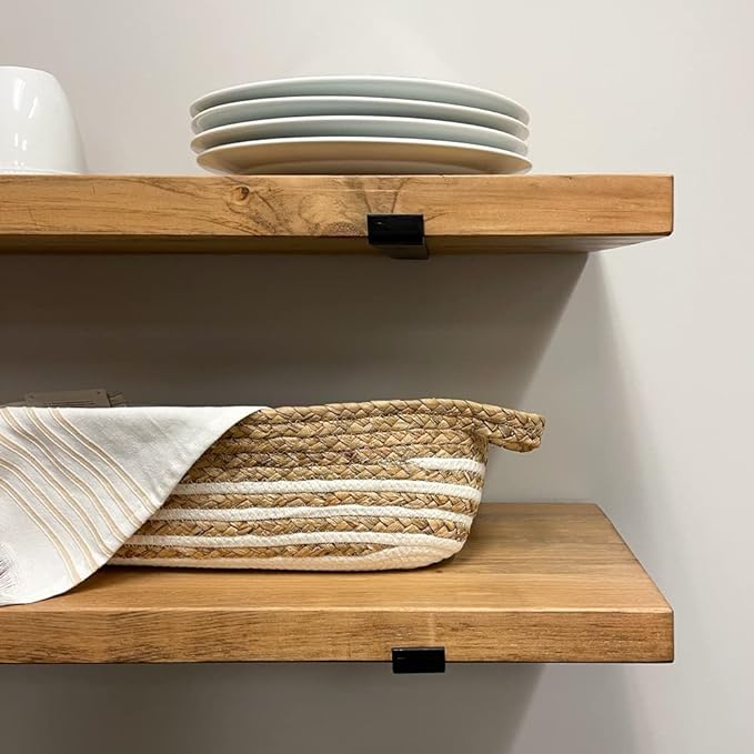 Rustic Shelves with J-Brackets Set of 2, Industrial Shelf, Kitchen Shelves, Solid Wood, Decorative Wall Storage, Heavy Duty, URBANDI (Brown, 24Wx8D)