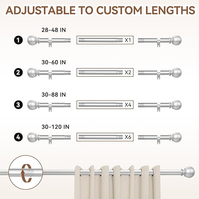 Silver Curtain Rod for Windows 28 to 48 Inch, 5/8 Inch Diameter Adjustable - Image 5