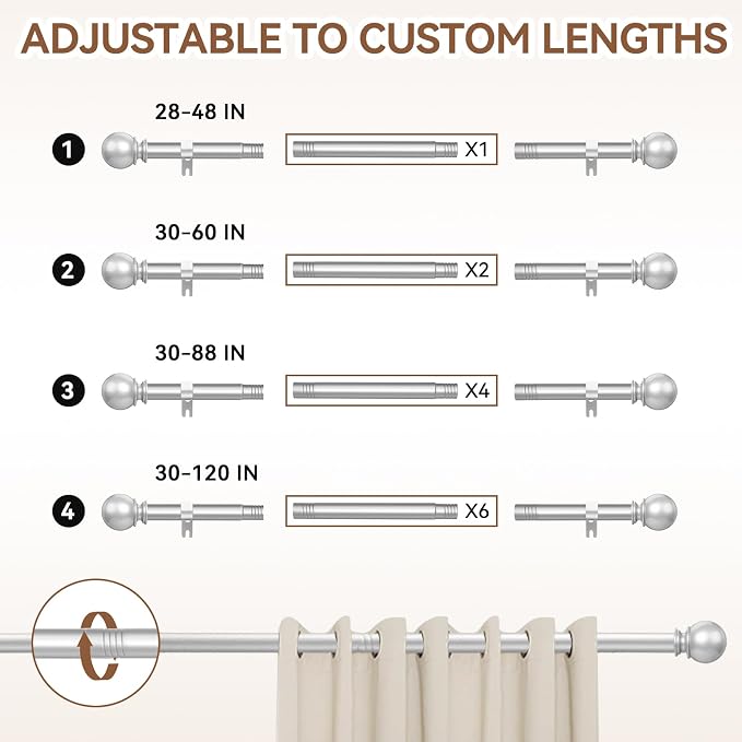 Silver Curtain Rod for Windows 30 to 60 Inch, 5/8 Inch Diameter Adjustable - Image 5