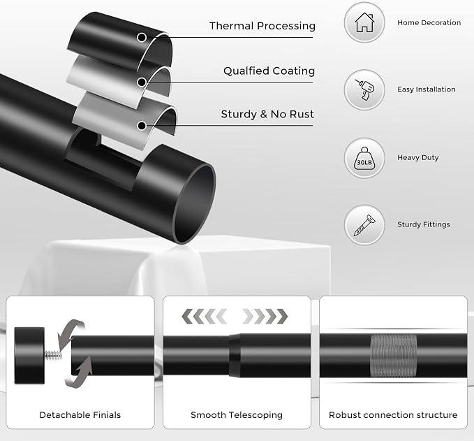 Black Curtain Rods for Windows 120 to 170 Inch, extra long drapery rod for - Image 7