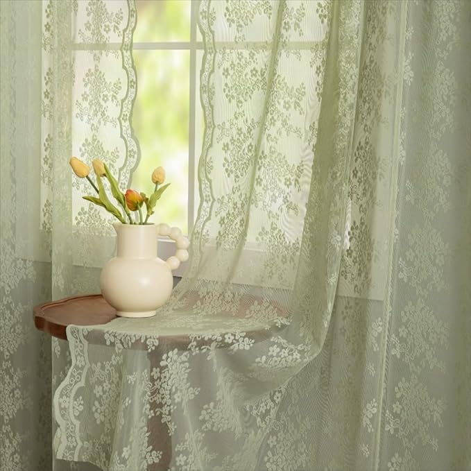 YJ YANJUN Vintage Lace Curtains 96 Inches Long- Victorian Floral Boho Green - Image 4