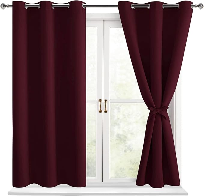 Short Blackout Curtains for Bedroom, Burgundy 42 x 45 Inch 2 Panels | Thermal by Hiasan