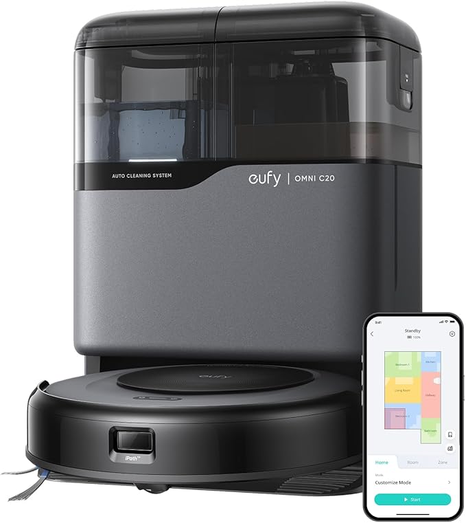 eufy Robot Vacuum Omni C20, Robot Vacuum and Mop Combo, Self Emptying, Auto Mop Washing and Auto Drying for Hands-Free Cleaning, 7000 Pa Powerful Suction, 3.35-Inch Design, All-in-One Station