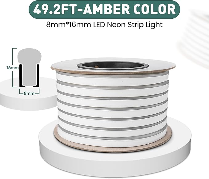GZBtech Flexible LED Neon Rope Lights 50FT,AC 110-120V Waterproof Strip Light, 120 LEDs/M Cuttable Connectable Neon Lighting for Indoor Outdoor Home Decor/Commercial Building Use-Amber 15M