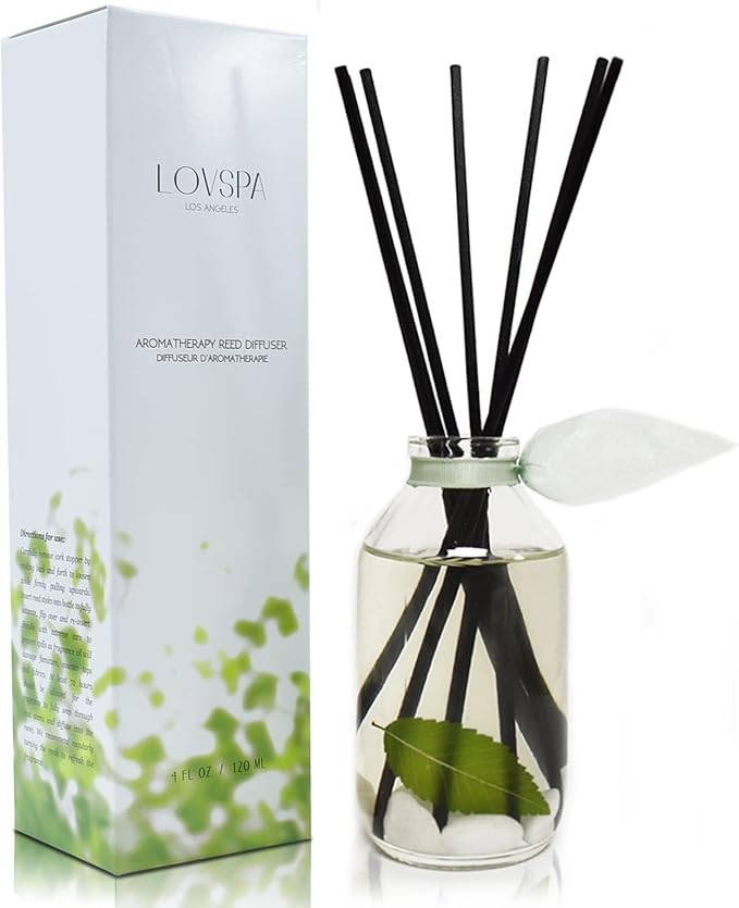 LOVSPA Reed Diffuser Set, Zen White Tea & Ginger Scented Oil Diffuser with Sticks, Home Fragrance Accessories for Bathroom Shelf Decor, Aroma Diffusers for Home or Office Desk, USA Made