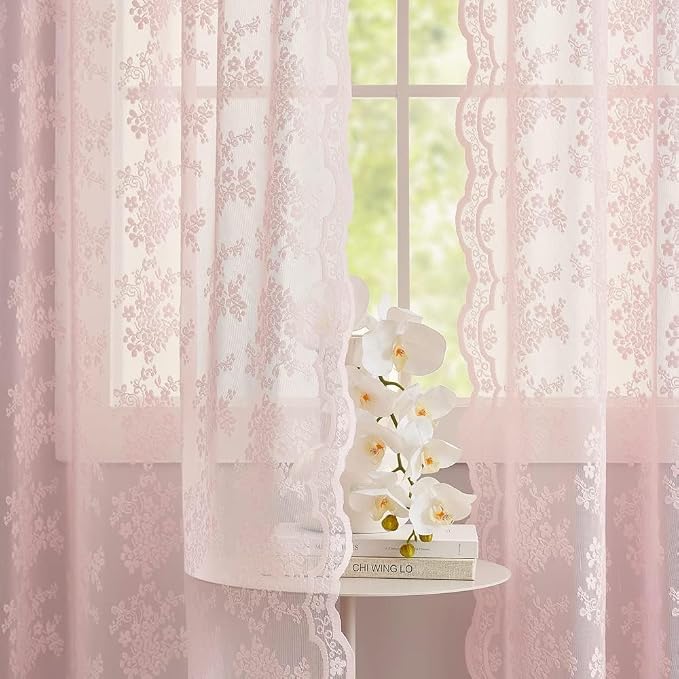 YJ YANJUN Vintage Lace Curtains 108 inches Long 2 Panels Cute Floral Pink Sheer - Image 3