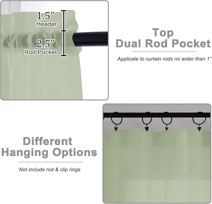 Light Green Kitchen Curtains 30 Inch Length Tier 2 PCS, Solid Soft Airy Half - Image 4