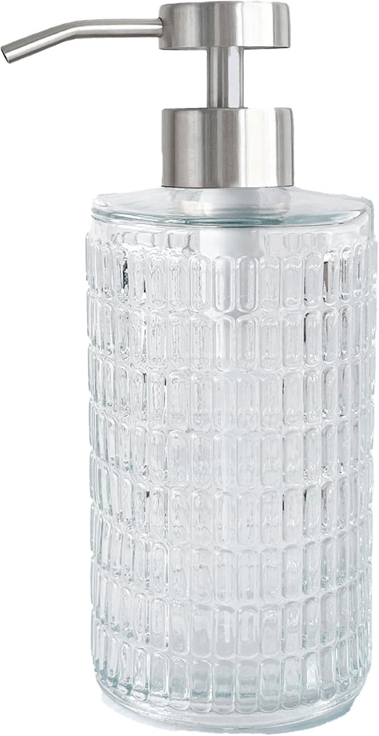 Lunestella Elegant Glass Hand Soap Dispenser with Stainless Steel Pump, for Bathroom and Kitchen, Rust Proof, 17oz (Silver)