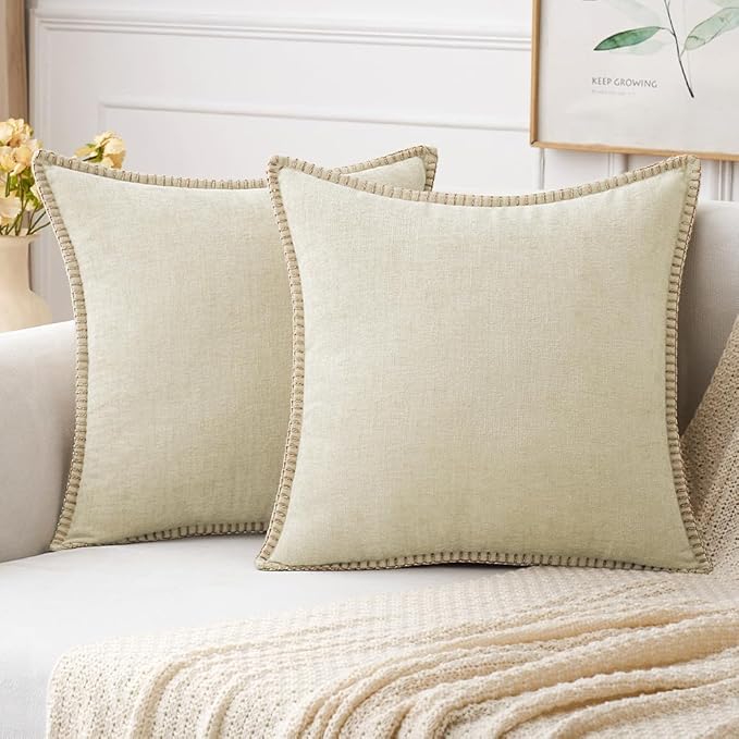 MIULEE Pack of 2 Christmas Pillow Covers 18x18 Inch Cream White Farmhouse Decorative Throw Pillow Covers with Stitched Edge Soft Chenille Solid Dyed Couch Pillow Covers for Sofa Bed Living Room