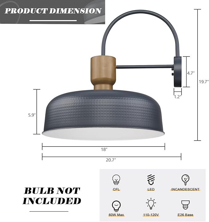 Outdoor Barn Light Gooseneck Barn Light, Farmhouse Exterior Wall Mount Light Vintage Wall Lighting Fixture Industrial Sconce Lantern for Porch, Entryway, Garage, Blue, 2 Pack, Large