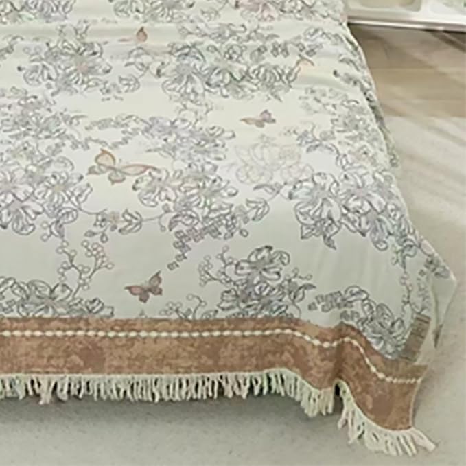Boho Muslin Blanket for Adults 4-Layer Gauze Twin Size Soft Cozy 100% Cotton Summer Cooling Blanket Floral Decor for Sofa Bed Coverlet Both Sides (Tassels Floral Tan, Twin 60 x 80 in)