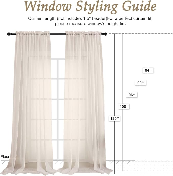 Cream Sheer Curtains 84 Inches Long 2 Panels Set, Light Filtering Sheer Curtains - Image 7