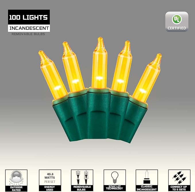 100LIGHTS Yellow Extra-Bright with End Connectors Christmas Decorative Lights 5.98m UL Certified Mini String Light Set Waterproof for Home Garden Holiday Christmas Tree Party Patio Wedding