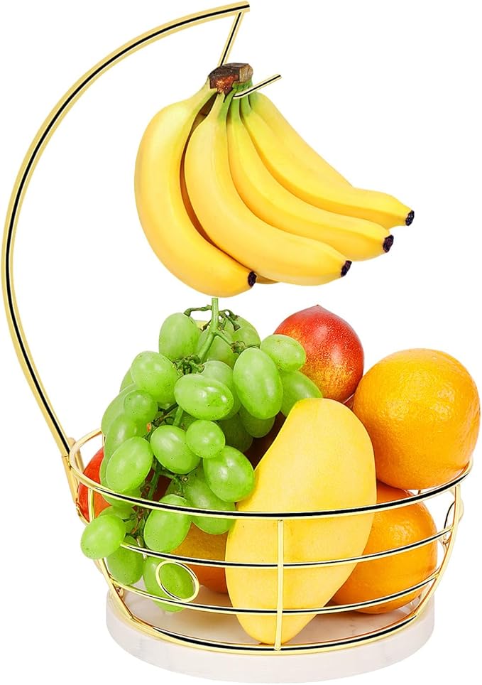 Livabber Countertop Fruit Basket Bowl with Banana Hanger, Modern Standing Fruit Vegetable Bowl Storage, with Banana Tree Holder for Kitchen Dinning Table (Round Marble, Gold)