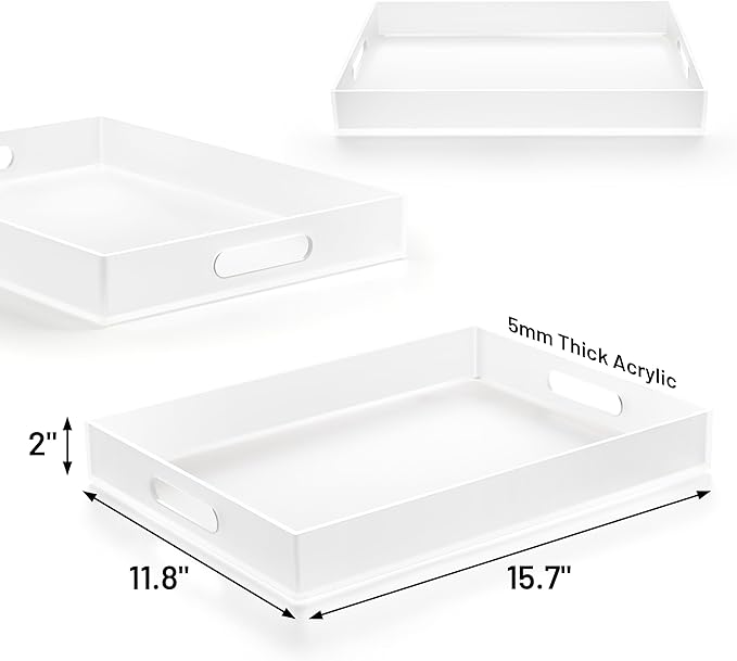 Large Acrylic Serving Tray Decorative Ottoman Coffee Table Vanity Tray Tea Fruit Platter Snack Appetizer Dessert Drink with Handles for Bar Kitchen Party, Frosted