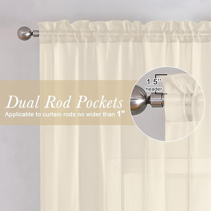 Cream Sheer Curtains 96 Inches Long 2 Panels Set, Modern Farmhouse Decor Light - Image 6