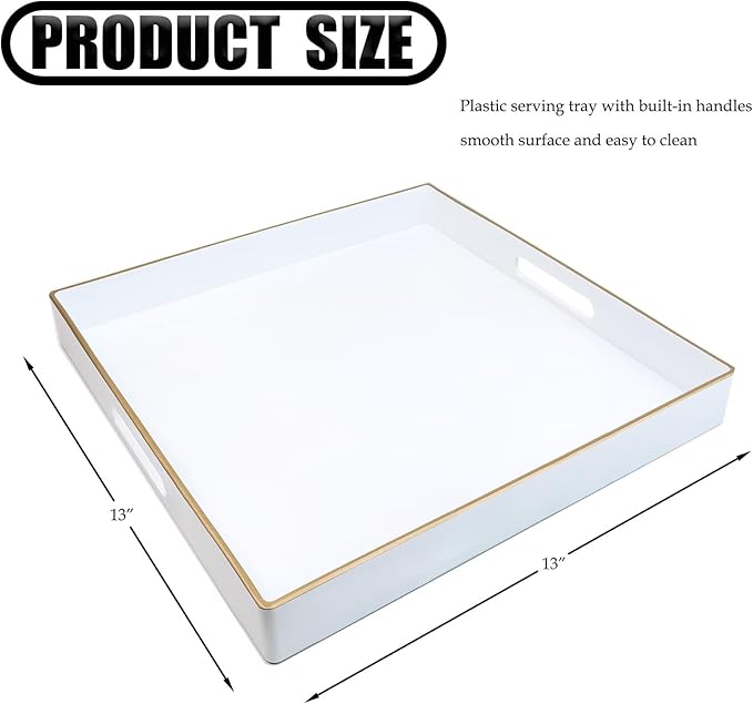 Spsyrine Decorative Tray, 13" Plastic Square Coffee Table Tray with Handles for Living Room, Ottoman, Bathroom Decor
