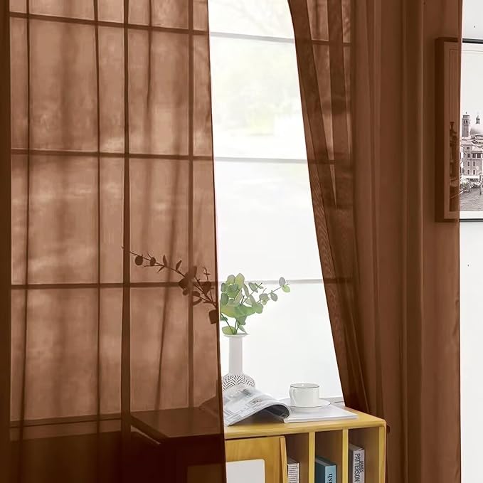 SpaceDresser Brown Sheer Curtains 4 Panels Rod Pocket Semi-Sheer Curtain 45 - Image 4