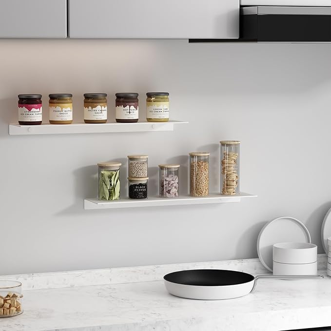 JOOM White Floating Shelves for Wall Storage, Metal Wall Shelves for Living Room, Bathroom, Kitchen, 20” Long Display Shelves for Collectibles(2 PCS)