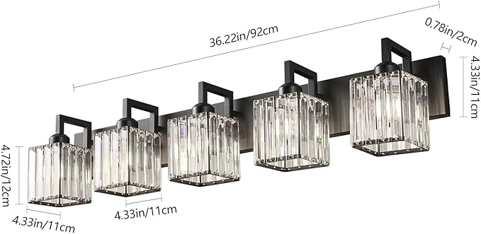 Modern Crystal Bathroom Vanity Light - 5-Lights Black Modern Crystal Wall Lamp for Bathroom Vanity Lighting