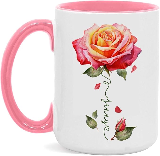 Novelty Rose Accent Cup For Girl, Personalized Rose Flower Coffee Mug 11oz 15oz, Customized Rose Lover Ceramic Cup With Name, Custom Flower Design Mug, Gift For Anniversary