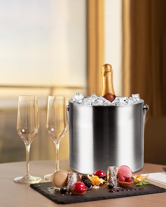 3L Double Wall Ice Bucket with Silicone Lid, Tongs & Scoop Insulated Ice Buckets for Parties & Cocktail Bar,[Silicone Lid for Longer Ice] Large Wine Bar Bucket Stainless Champagne Chiller