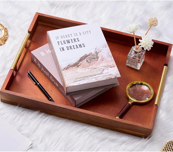 Premium Acacia Wood Ottoman Tray, 17x13 inches Large Serving Tray, Decorative Coffee Table Tray with Metal Handles, Ideal for Breakfast in Bed, Appetizers, Kitchen & Living Room Decor