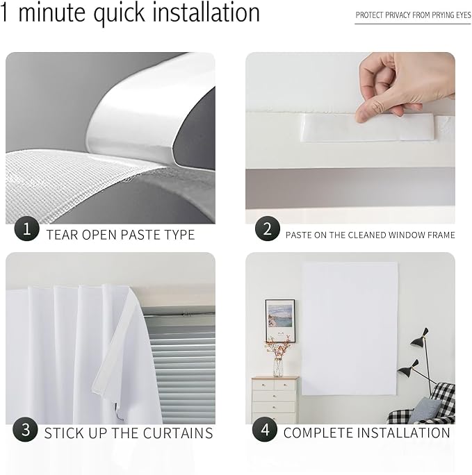 Thermal Blackout Curtains with Self-Adhesive Tape, No Rod No Drill Easy Install - Image 3