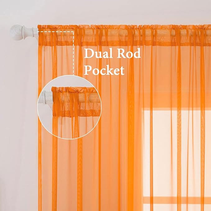 MIULEE Orange Fall Sheer Curtains 54 X 63 Inches, 2 Panels | Solid Color - Image 2