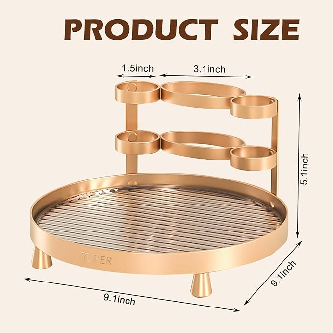 YUPER Bathroom Counter Organizer, Round Bathroom Organizers and Storage with Toothbrush Holder, Makeup Storage Vanity Tray Perfume Organizer, Bedroom Corner Counter Storage Sink Shelf Gold