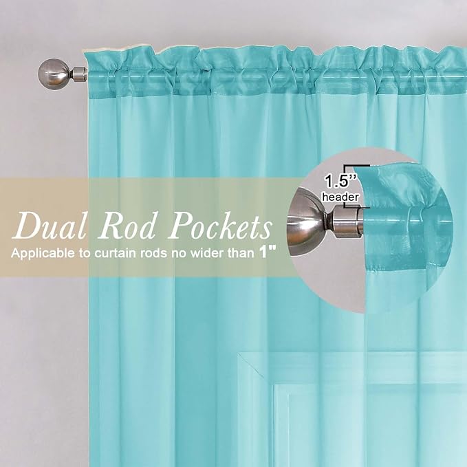 Aqua Sheer Curtains for Living Room 72 Inches Long 2 Panels, Dual Rod Pockets - Image 5