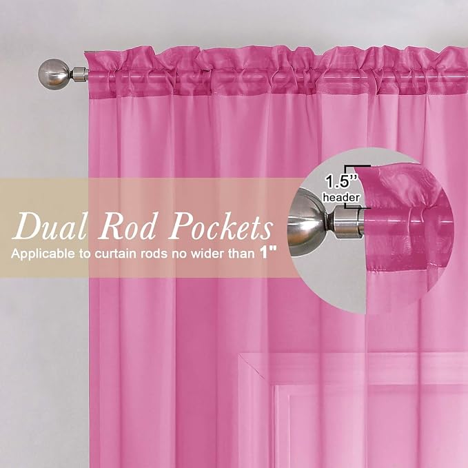 Hot Pink Sheer Curtains 96 Inches Long 2 Panels, Rod Pockets Solid Voile Living - Image 5