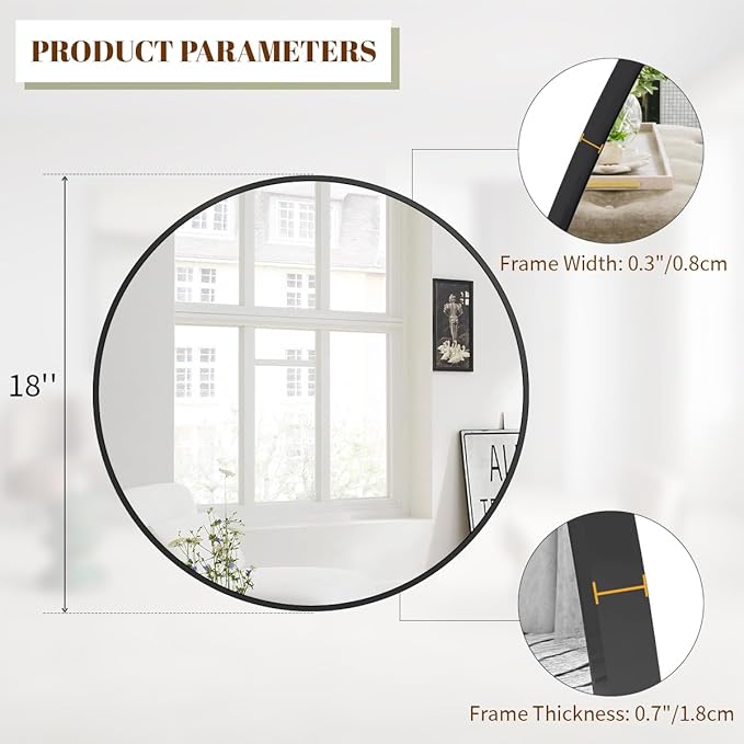 BEAUTYPEAK 18 Inch Round Mirror, Metal Frame Circle Mirror, Wall Mounted for Entryway, Bathroom, Vanity, Living Room, Black