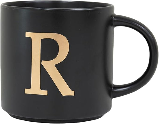 COLLECTIVE HOME - Monogram Ceramic Mugs, 15 oz Golden Initial Black Coffee Cups, Elegant Alphabet Tea Mugs, Elegant Personalized Mug with Gift Box, Unique Mug with Double Side Capital Lette (R)