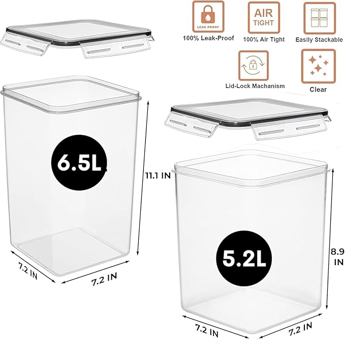 WHITE FEATHER SUPPLIES 4 Pc Flour Sugar Storage Container, Large Food Storage Containers with Lids Airtight for Kitchen, BPA Free Plastic Cereal Containers Storage [2 X 6.5 + 2 X 5.2] 4 Measuring Cup