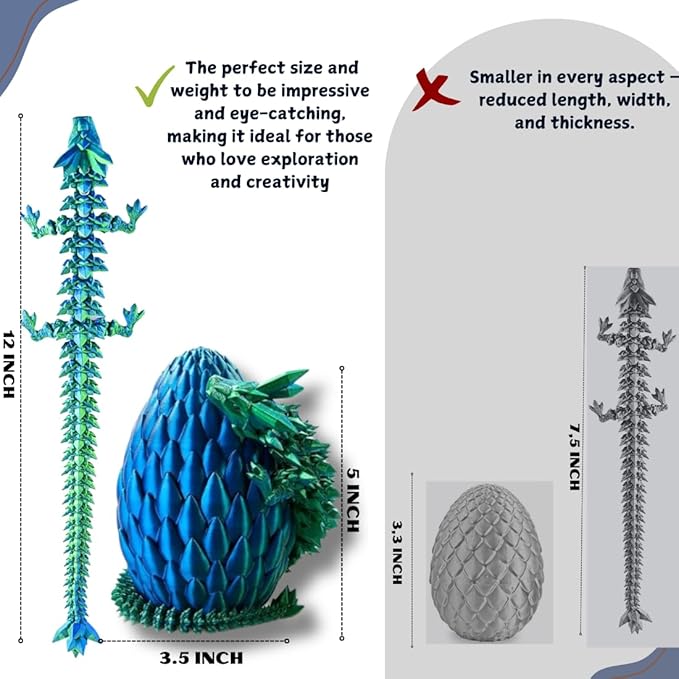 3PCS 3D Printed 12” Articulated Crystal Dragon Inside 5.1” Egg – Fantasy Collectible, Fidget Toy & Stocking Easter Basket Stuffers for Home & Office Decor (3PCS-Egg)