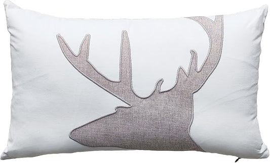 Lumbar Pillow Covers 12x20 Inches Deer Decorative Cotton Linen Deer Head Throw Lumbar Waist Embroidered Cushions Covers for Couch Sofa Bedroom White