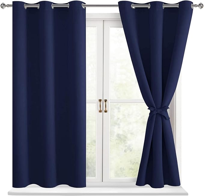 Short Blackout Curtains for Bedroom Navy Blue 42 x 45 Inch 2 Panels | Thermal by Hiasan