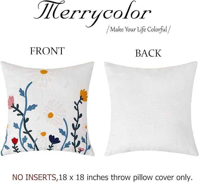 Merrycolor Embroidered Pillow Covers 18x18 Flower Pattern Decorative Throw Pillow Covers Comfortable Cotton Canvas Square Cushion Cases for Sofa Bed Living Room Decor