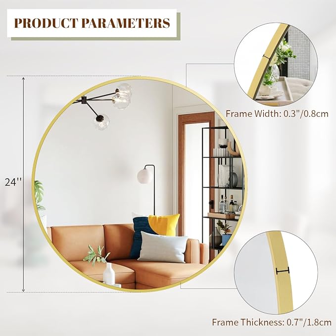 BEAUTYPEAK 24 Inch Round Mirror, Metal Frame Circle Mirror, Wall Mounted for Entryway, Bathroom, Vanity, Living Room, Gold