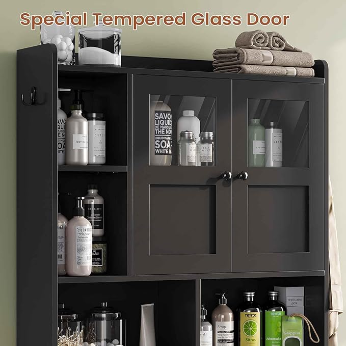 Itaar Over The Toilet Storage Cabinet, Over Toilet Bathroom Organizer with Glass Doors & Toilet Paper Holder Stand, Home Space-Saving Toilet Rack, for Bathroom, Restroom, Laundry(Black)