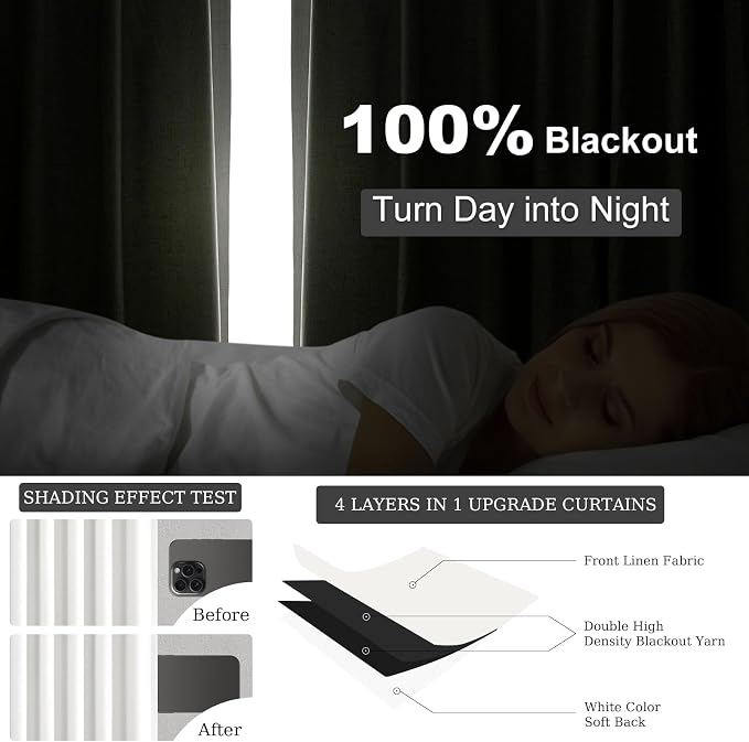 Topfinel 95 inch Bedroom Living Room Curtains 2 Panels 100% Blackout Linen - Image 5