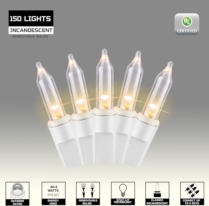 150LIGHTS WARM WHITE Extra-Bright With End Connectors Christmas Decorative Lights 9.72m UL Certified Mini String Light Set Waterproof for Home Garden Holiday Christmas Tree Party Patio Wedding
