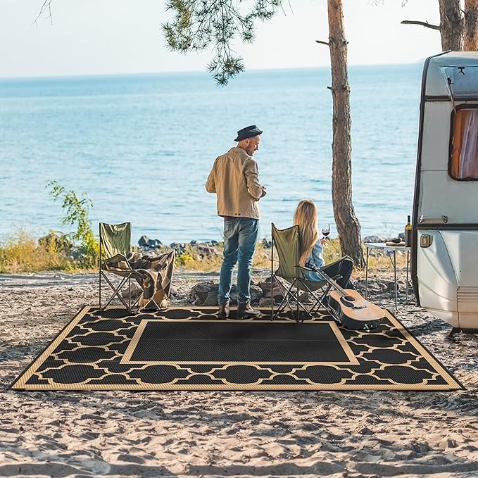 GENIMO Outdoor Rug Waterproof for Patio Decor, 6'x9' Reversible Plastic Straw Rug Carpet, Camping Mats for Outdoor, RV, Backyard, Deck, Balcony, Picnic, Black & Grey