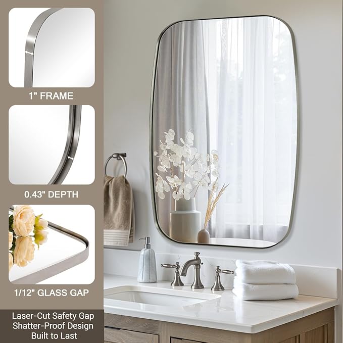 ANDY STAR Brushed Nickel Oblong Mirror, 32x40 Inch Brushed Nickel Oval Mirror for Bathroom with Stainless Steel Metal Frame, Wall Mouned for Bathroom, Living Room, Entryway