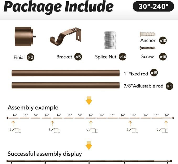 GEEBOBO Bronze Curtain Rods for Windows 120 to 240 Inch, 1 Inch Extra Long - Image 6